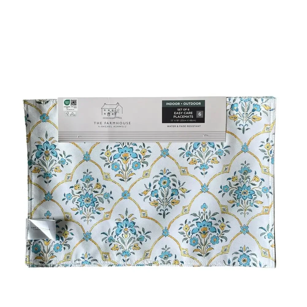 Rachel Ashwell Farmhouse Floral Placemats 13x19 Yellow Blue White Set of 6 NEW